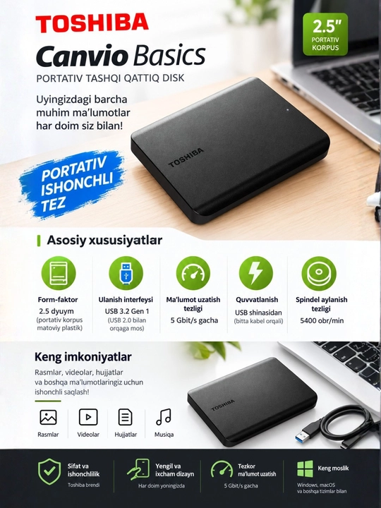Portativ tashqi qattiq disk Toshiba Canvio Basics USB 3.2 1TB, 2TB, 4TB - 