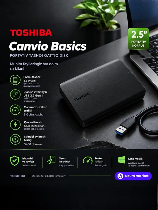 Portativ tashqi qattiq disk Toshiba Canvio Basics USB 3.2 1TB, 2TB, 4TB