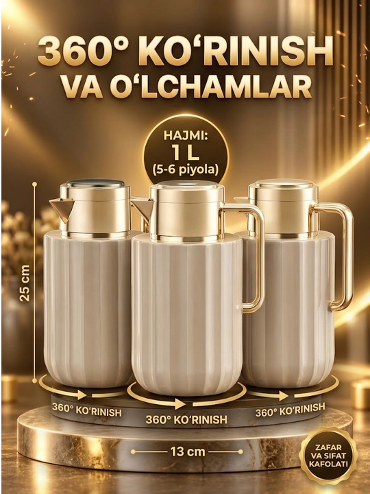 Feenik 1 litr termos, issiq va sovuq ichimliklar uchun, tutqichli