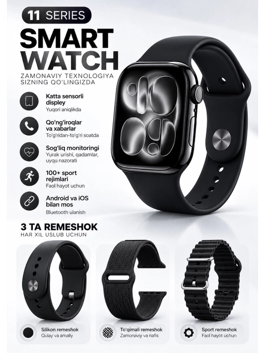 Aqlli soat, Bluetooth qo‘ng‘iroqlar, sport va simsiz zaryad, smart watch 3 remeshokli