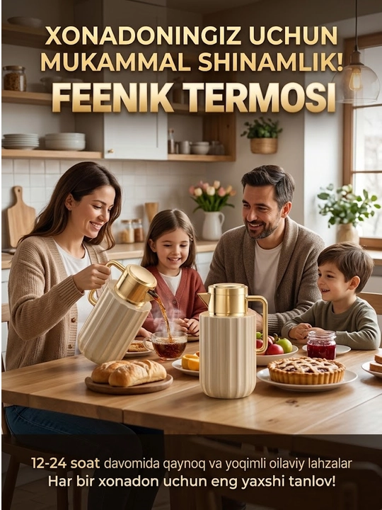 Feenik 1 litr termos, issiq va sovuq ichimliklar uchun, tutqichli