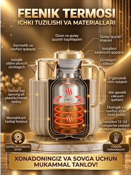 Feenik 1 litr termos, issiq va sovuq ichimliklar uchun, tutqichli