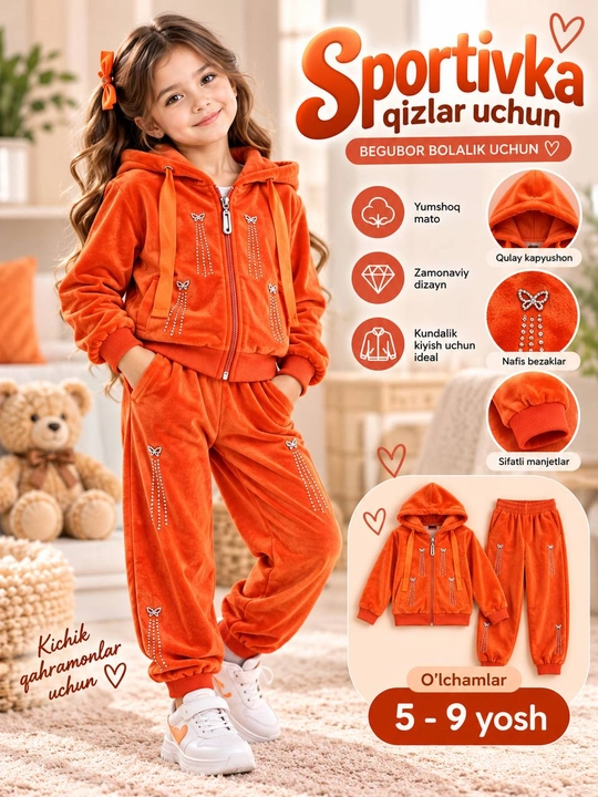 Qizlar uchun yumshoq velur sportivka, kapyushonli dvoyka, 5–9 yosh - 