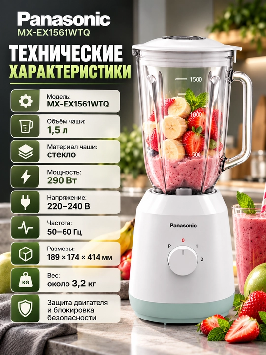 Panasonic MX-EX1561WTQ blender, 290 W, 1,5 litrli shisha idish, 50 g maydalagich