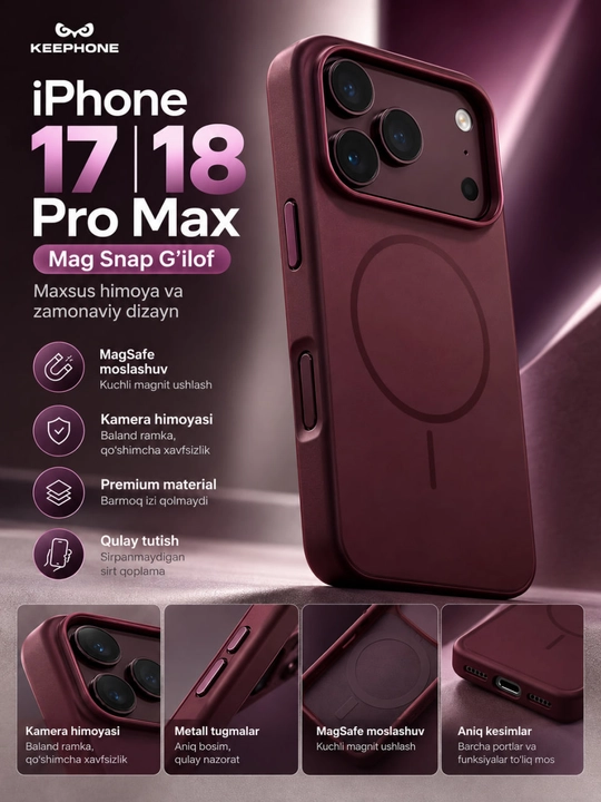 IPhone 17 / 18 Pro Max uchun MagSafe g‘ilof, magnit halqali Mag Snap Case