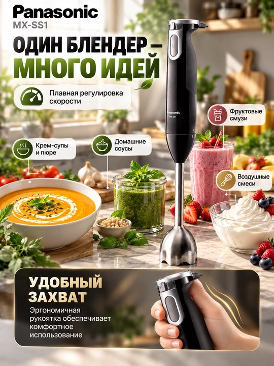 Panasonic MX-SS1 3 tasi 1 da qo‘l blenderi, maydalagich va ko‘pirtirgich bilan