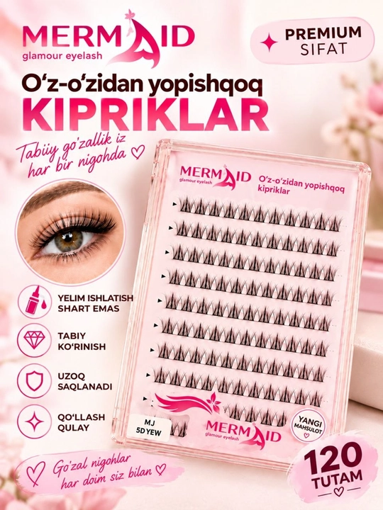 MERMAID Glamour o‘z o'zidan opishqoq kipriklar, 13 mm, tabiiy effektli,ulama kipriklar - 
