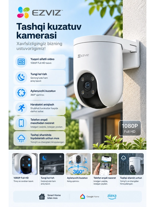 Tashqi Wi-Fi kuzatuv kamerasi 1080P Full HD, aylanuvchi, tungi ko‘rish - 