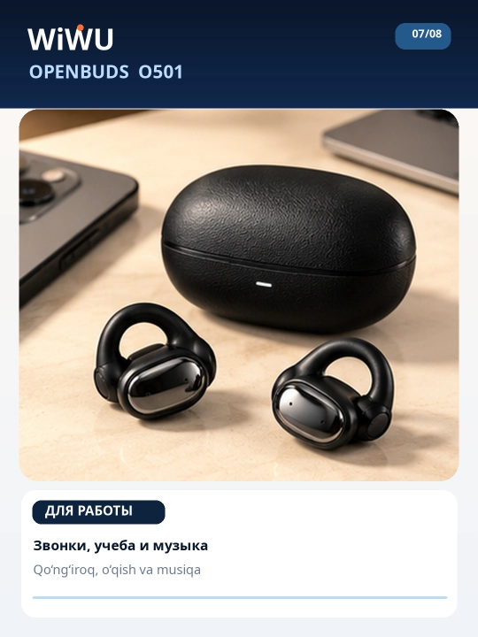 WiWU Openbuds O501 simsiz quloqchinlari, ochiq turdagi OWS TWS, Bluetooth 6.0, ENC, qora