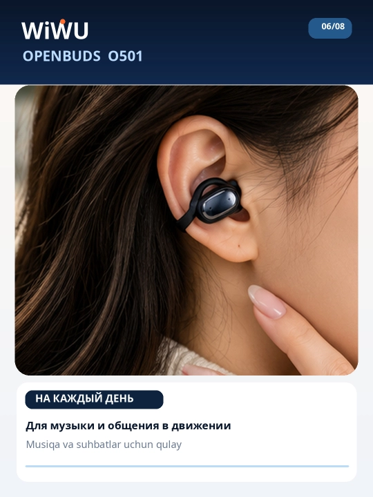 WiWU Openbuds O501 simsiz quloqchinlari, ochiq turdagi OWS TWS, Bluetooth 6.0, ENC, qora