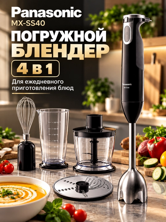 Panasonic MX-SS40 4 tasi 1 da qo‘l blenderi, maydalagich, qo‘shimcha nasadkalar bilan - 