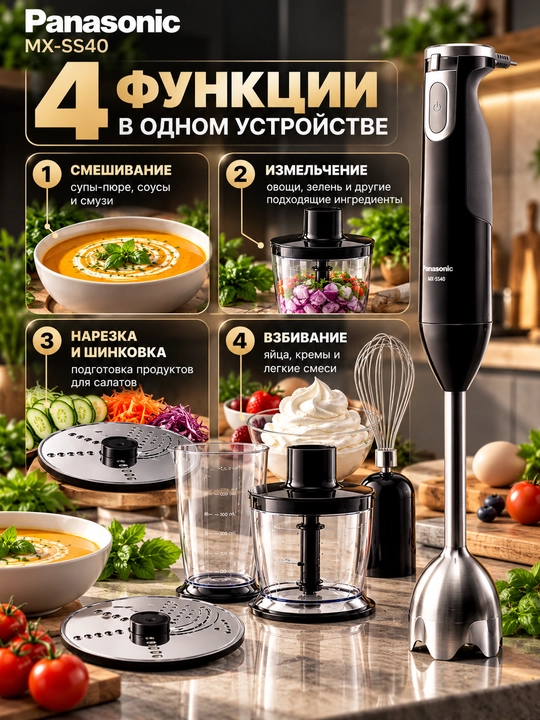 Panasonic MX-SS40 4 tasi 1 da qo‘l blenderi, maydalagich, qo‘shimcha nasadkalar bilan