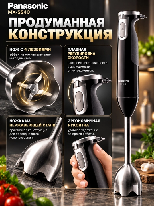 Panasonic MX-SS40 4 tasi 1 da qo‘l blenderi, maydalagich, qo‘shimcha nasadkalar bilan