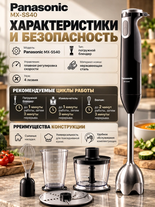 Panasonic MX-SS40 4 tasi 1 da qo‘l blenderi, maydalagich, qo‘shimcha nasadkalar bilan