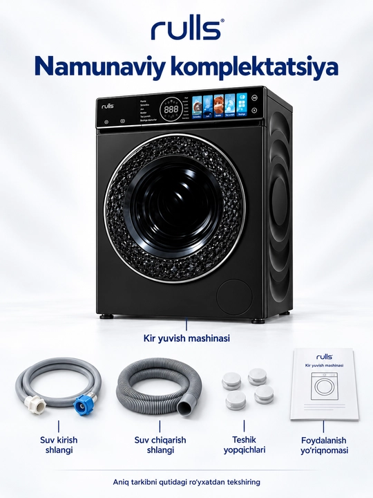 Стиральная машина Rulls, 8 кг, 1200 об/мин, обработка паром, чёрная