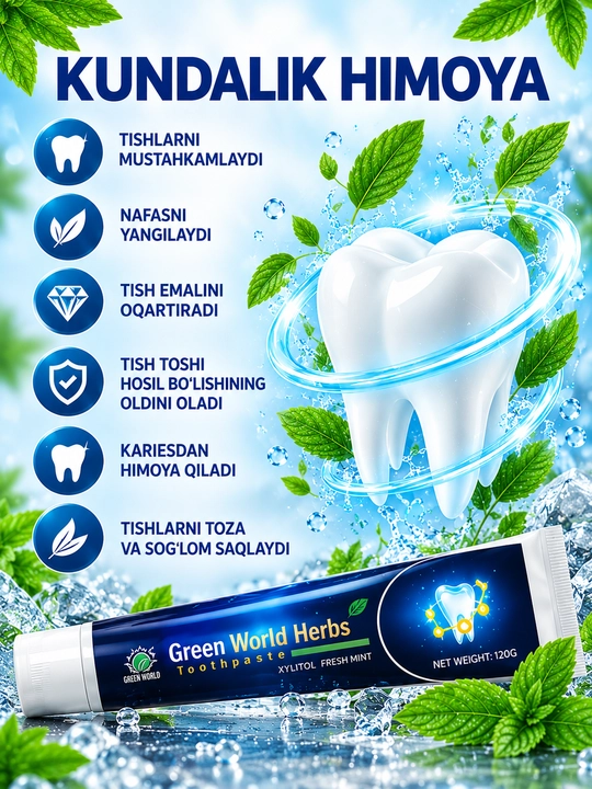 Green World Herbs Fresh Mint tish pastasi 120 g, tish cho‘tkasi bilan, yalpizli