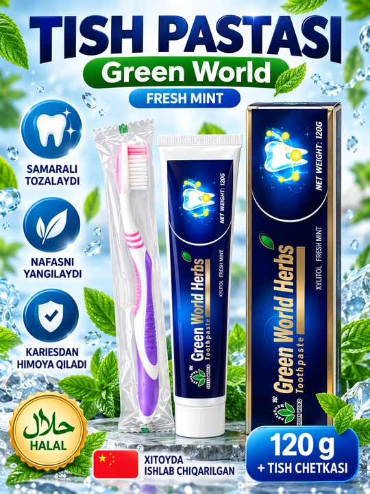 Green World Herbs Fresh Mint tish pastasi 120 g, tish cho‘tkasi bilan, yalpizli - 