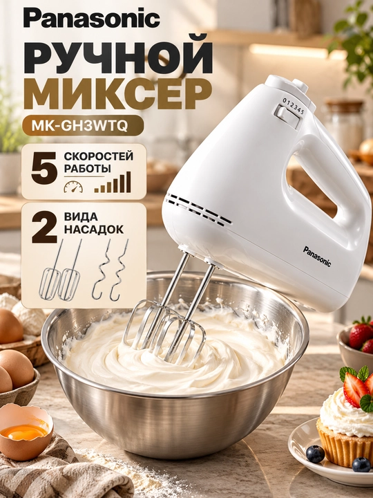 Panasonic MK-GH3WTQ qo‘l mikseri 175 Vt, ko‘pirtirgich va xamir qorish nasadkalari bilan - 
