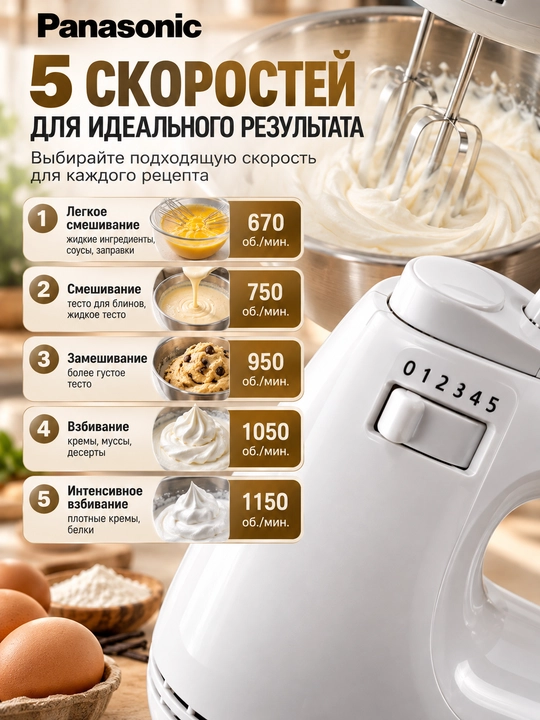 Panasonic MK-GH3WTQ qo‘l mikseri 175 Vt, ko‘pirtirgich va xamir qorish nasadkalari bilan