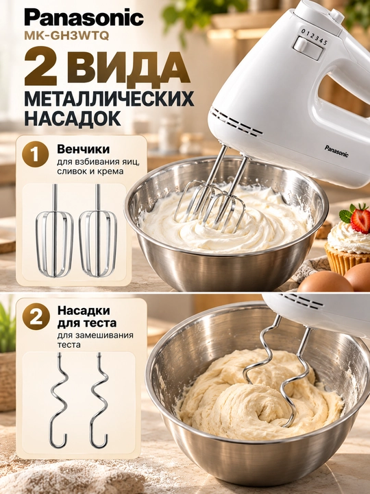Panasonic MK-GH3WTQ qo‘l mikseri 175 Vt, ko‘pirtirgich va xamir qorish nasadkalari bilan