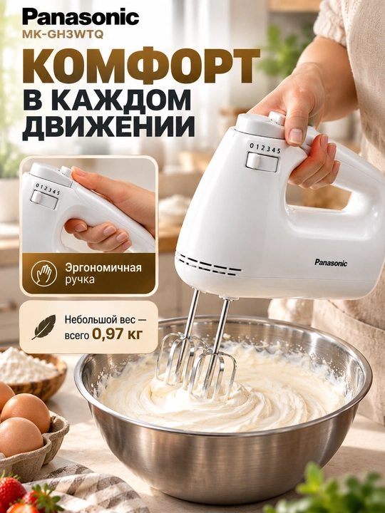 Panasonic MK-GH3WTQ qo‘l mikseri 175 Vt, ko‘pirtirgich va xamir qorish nasadkalari bilan