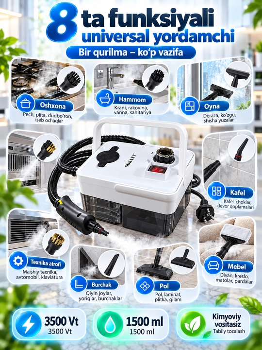 8 ta 1 da bug'li tozalagich SK-13082, 3500 Vt, 1.5 L bak, uy va avtomobillar uchun chuqur tozalash