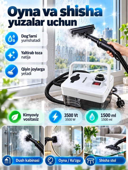 8 ta 1 da bug'li tozalagich SK-13082, 3500 Vt, 1.5 L bak, uy va avtomobillar uchun chuqur tozalash