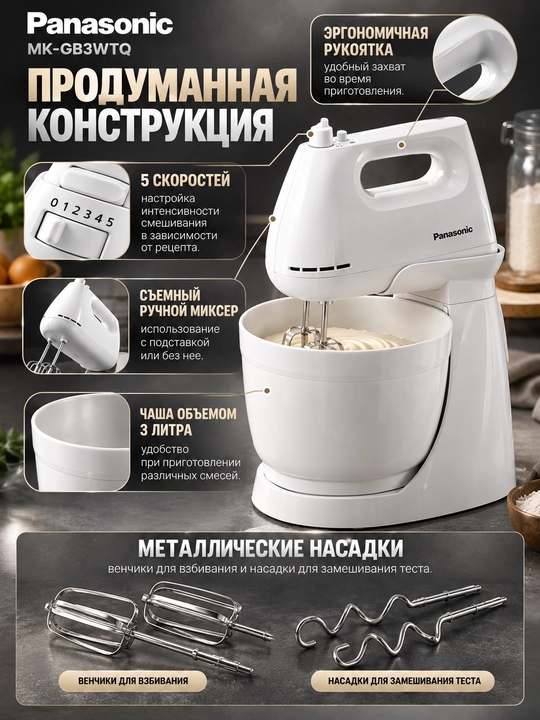 Panasonic MK-GB3WTQ 175 Vt quvvatli statsionar mikser, 3 litrli idish, xamir uchun venchiklar va nasadkalar