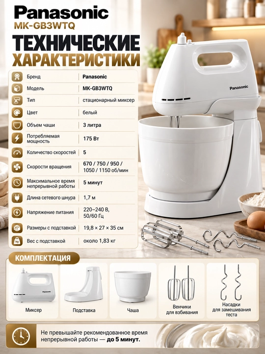 Panasonic MK-GB3WTQ 175 Vt quvvatli statsionar mikser, 3 litrli idish, xamir uchun venchiklar va nasadkalar