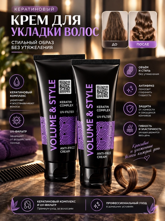 Кератиновый крем для укладки волос Anti-Frizz с UV-фильтром для гладкости и блеска волос - 