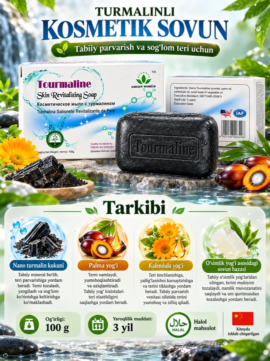 Turmalinli qora sovun Green World, yuz va tana uchun kosmetik tozalovchi sovun, 100 g