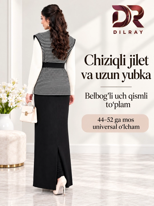 Женский комплект тройка, жилет в полоску, белый топ и длинная юбка, Free size 44–52