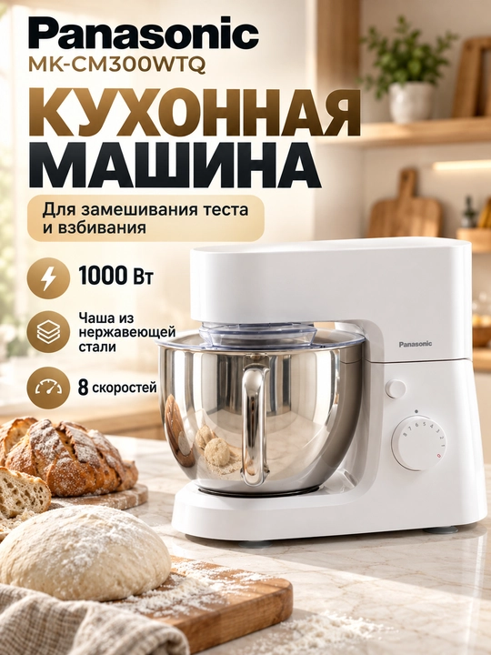 Panasonic MK-CM300WTQ oshxona mashinasi 1000 Vt, 4,3 litrli idish, 8 tezlik, 3 ta nasadka - 