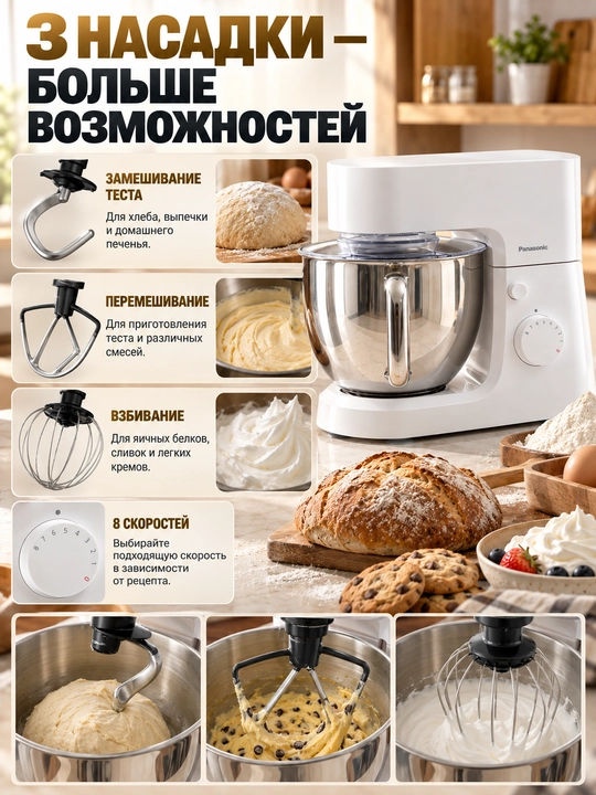 Panasonic MK-CM300WTQ oshxona mashinasi 1000 Vt, 4,3 litrli idish, 8 tezlik, 3 ta nasadka