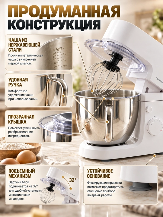 Panasonic MK-CM300WTQ oshxona mashinasi 1000 Vt, 4,3 litrli idish, 8 tezlik, 3 ta nasadka