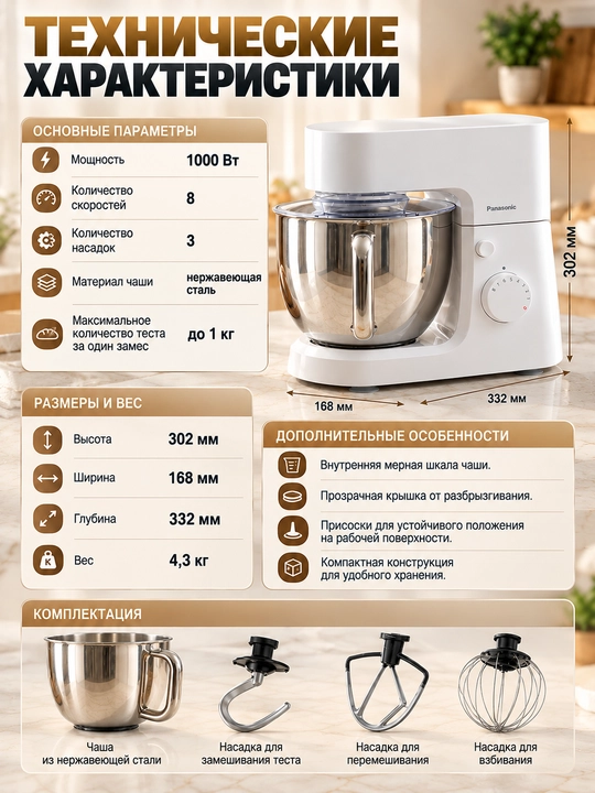 Panasonic MK-CM300WTQ oshxona mashinasi 1000 Vt, 4,3 litrli idish, 8 tezlik, 3 ta nasadka