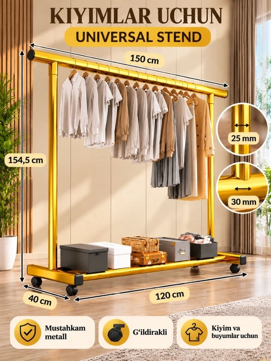 Kiyimlar uchun universal metall stend, g‘ildirakli, mustahkam, 50kg yuk ko'taradi qora rang - 