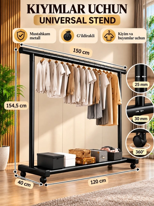 Kiyimlar uchun universal metall stend, g‘ildirakli, mustahkam, 50kg yuk ko'taradi qora rang - 