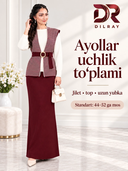 Женский комплект тройка, жилет в полоску, белый топ и длинная юбка, Free size 44–52 - 