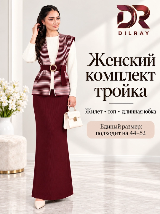 Женский комплект тройка, жилет в полоску, белый топ и длинная юбка, Free size 44–52