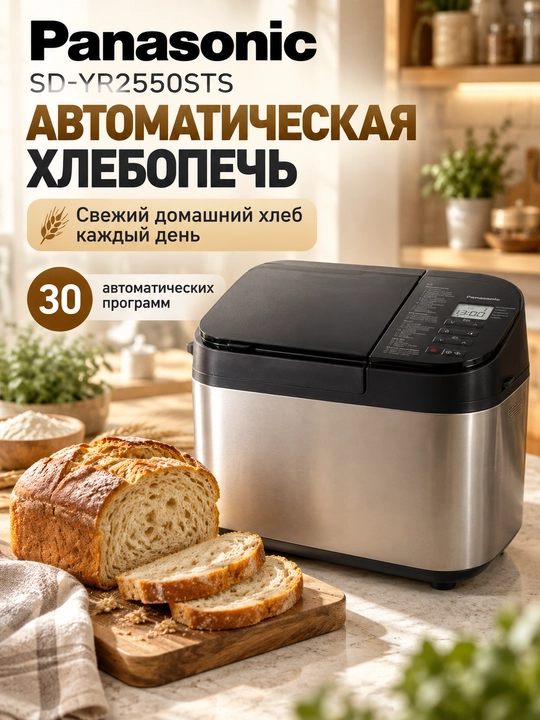 Хлебопечка Panasonic SD-YR2550STS, 30 программ, до 1,1 кг диспенсеры для дрожжей и добавок - 