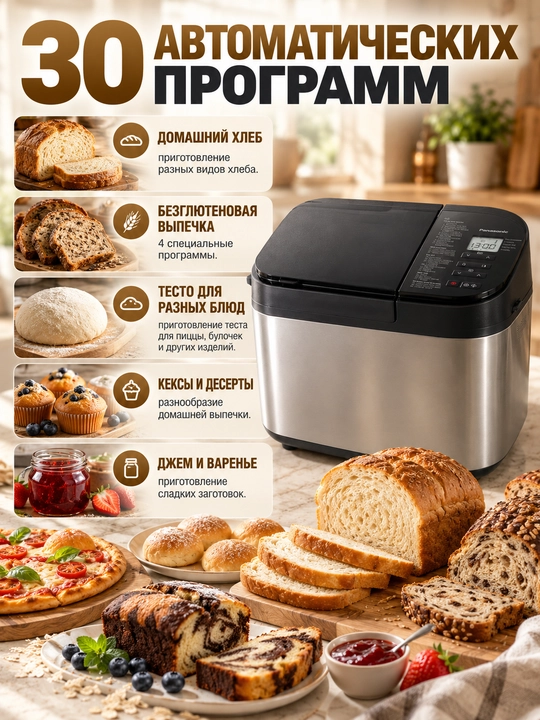 Хлебопечка Panasonic SD-YR2550STS, 30 программ, до 1,1 кг диспенсеры для дрожжей и добавок