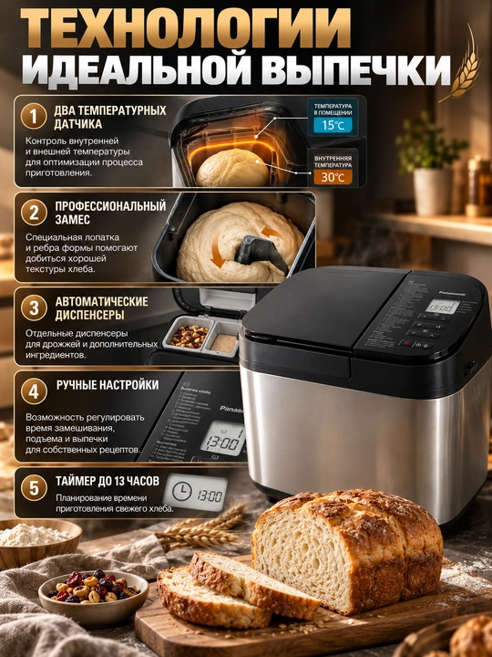Хлебопечка Panasonic SD-YR2550STS, 30 программ, до 1,1 кг диспенсеры для дрожжей и добавок