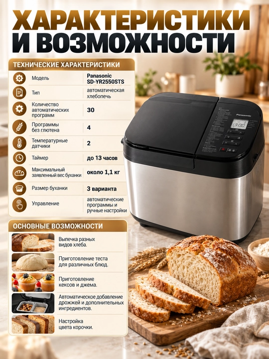 Хлебопечка Panasonic SD-YR2550STS, 30 программ, до 1,1 кг диспенсеры для дрожжей и добавок