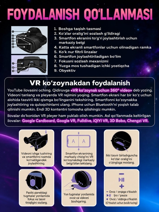 VR ko'zoynak smartfon uchun 3D Shinecon