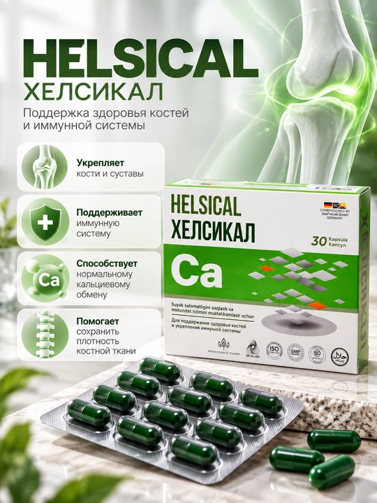 Immunitet uchun Helsical Ca+, kalsiy, magniy, rux kompleksi, D3 va K1, 30 kapsula - 