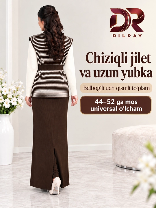 Ayollar uchlik to‘plami, chiziqli jilet, oq top va uzun yubka, Free size 44–52