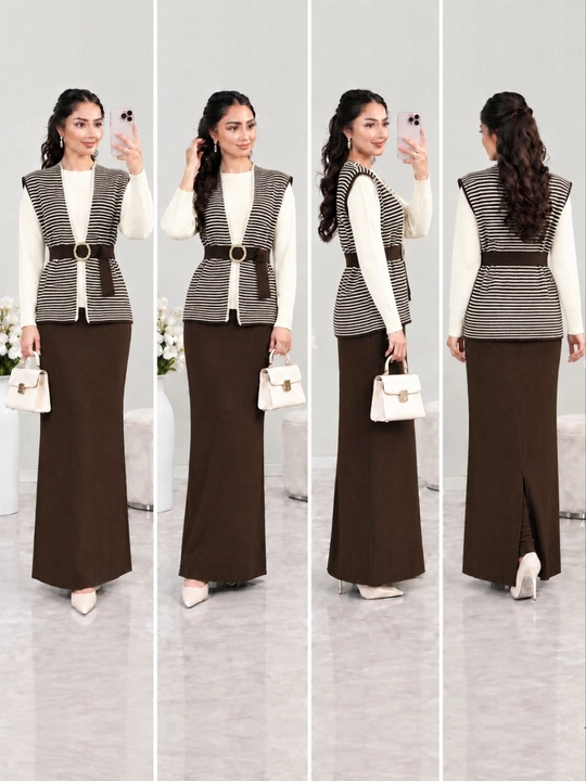 Ayollar uchlik to‘plami, chiziqli jilet, oq top va uzun yubka, Free size 44–52