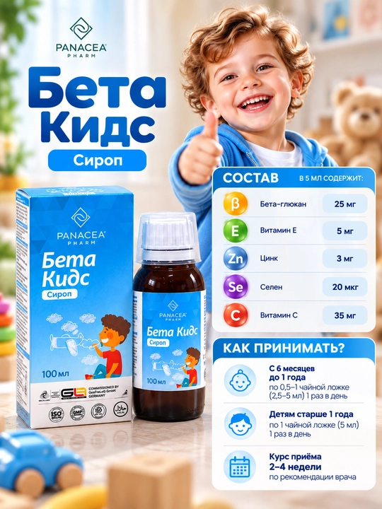 Bolalar uchun immunitet va tiklanish uchun Beta Kids siropi, 100 ml