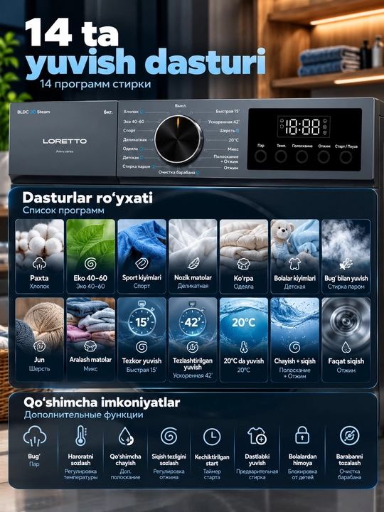 Стиральная машина LORETTO Avero G6, 6 кг, BLDC мотор, 3D Steam, A+++